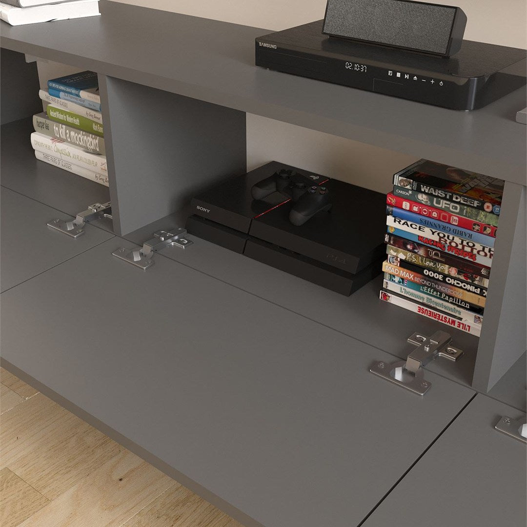 Comoda TV Marvel 180 cm, mobilier living, suport televizor mare pana la 75 inch, 2 usi rabatabile cu inchidere lina soft-close, PAL melaminat 18 mm clasa E1, pentru soundbar si consola jocuri, stil modern scandinav Antracit - detaliu 4