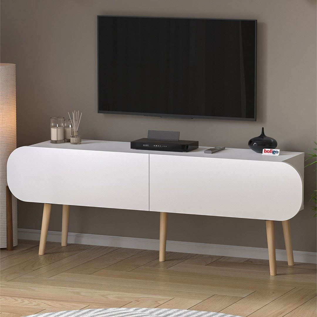 Comoda TV Sicily 120 cm, masa televizor, mobilier living cu 2 usi rabatabile push-to-open, PAL melaminat 18 mm clasa E1, suport TV pana la 55 inch, blat 50 kg, design stil modern scandinav Alb - vedere principala