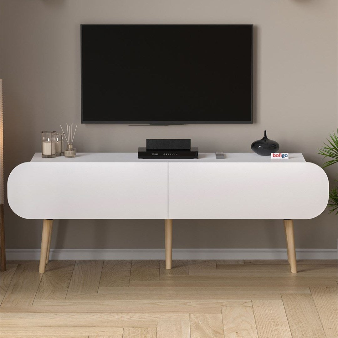 Comoda TV Sicily 120 cm, masa televizor, mobilier living cu 2 usi rabatabile push-to-open, PAL melaminat 18 mm clasa E1, suport TV pana la 55 inch, blat 50 kg, design stil modern scandinav Alb - detaliu 2