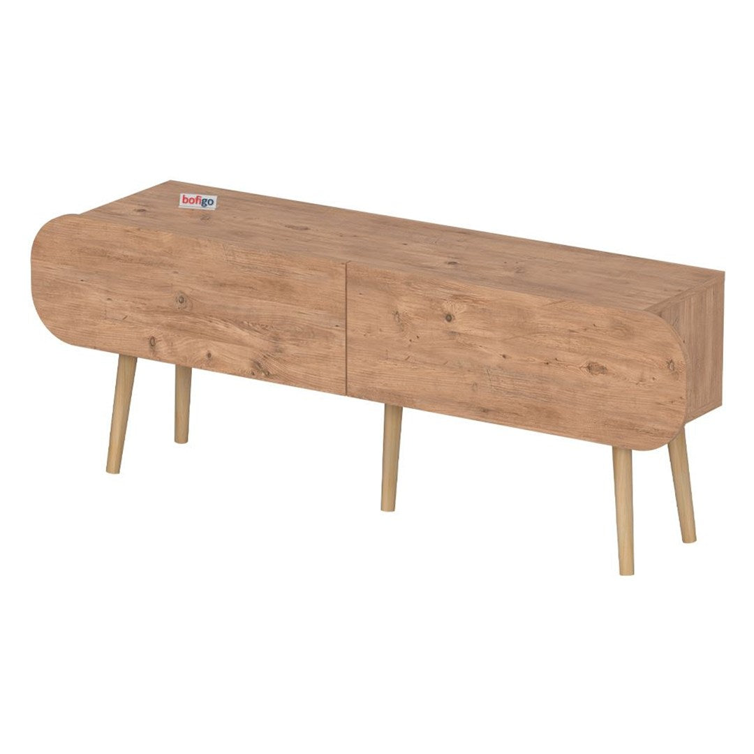 Comoda TV Sicily 120 cm, masa televizor, mobilier living cu 2 usi rabatabile push-to-open, PAL melaminat 18 mm clasa E1, suport TV pana la 55 inch, blat 50 kg, design stil modern scandinav Pin natur - detaliu 5