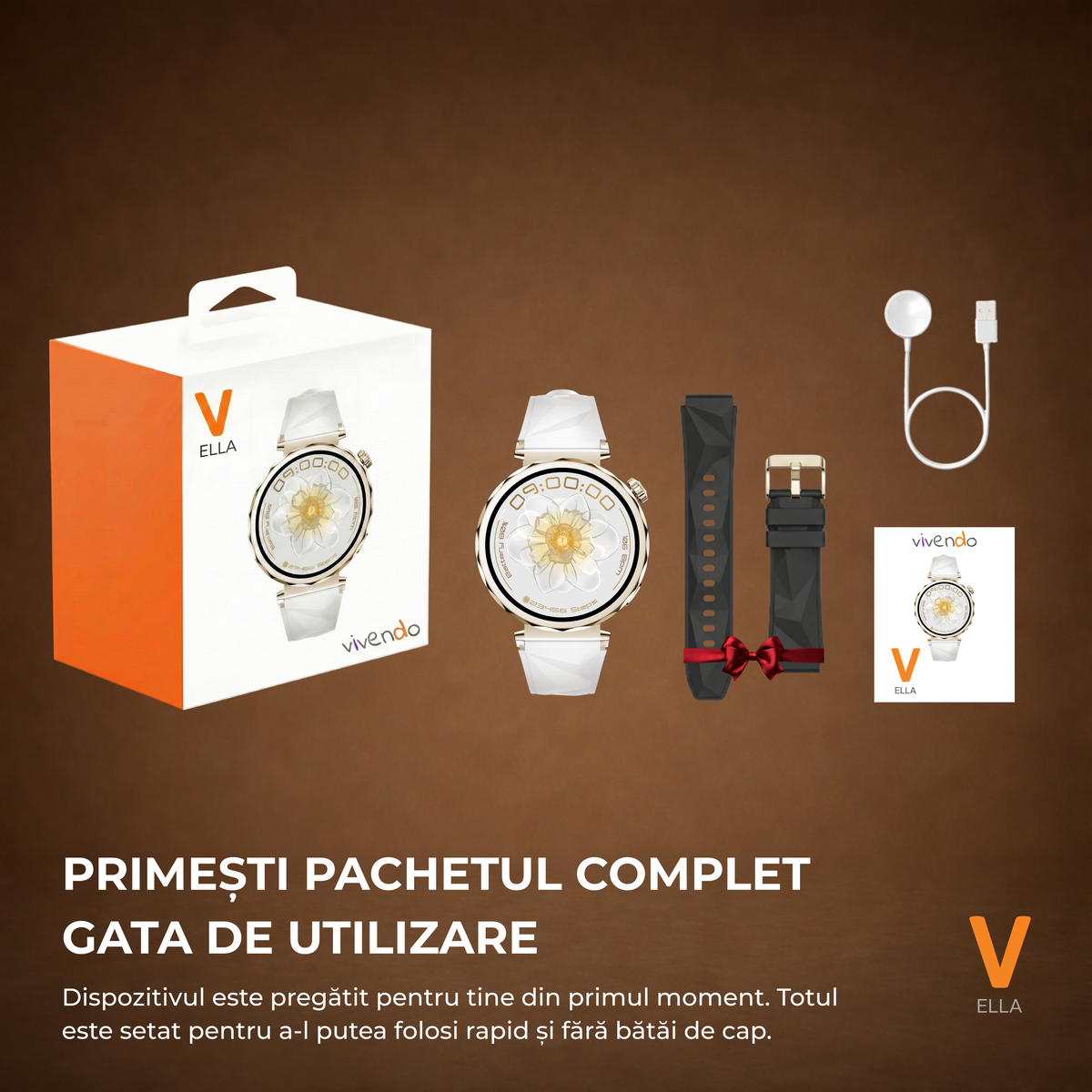 Ceas Smartwatch Dama ELLA Vivendo®, Ecran AMOLED 1.32", Fitness, Apel Bluetooth, Notificari Limba Romana, Asistent Vocal & ChatGPT AI, Incarcare Wireless, Rezistent Apa IP68, 2 Curele Incluse