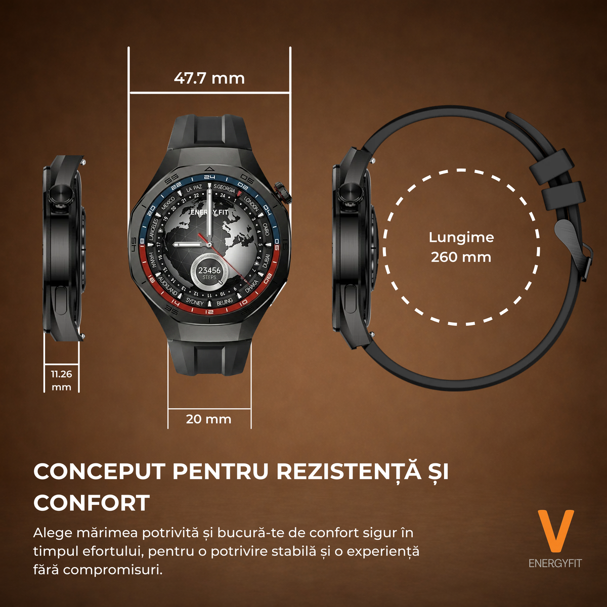 Ceas Smartwatch ENERGYFIT, Ecran AMOLED 1.43", Apel Bluetooth, ChatGPT AI, Notificari Romana, Fitness, Sport, Rezistent Apa 5ATM, Incarcare Wireless, 2 Curele, Negru