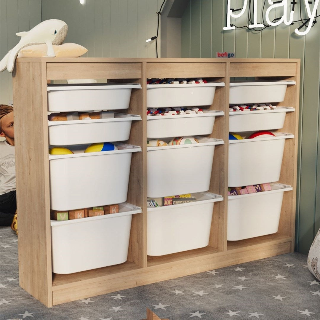 Dulap Lara multifunctional cu 12 cosuri textile, organizator cu cadru metalic anti-rugina, capacitate maxima pentru dressing rufarie sau camera copii, cosuri detasabile, asamblare 30 minute, stil modern Stejar safir - vedere principala