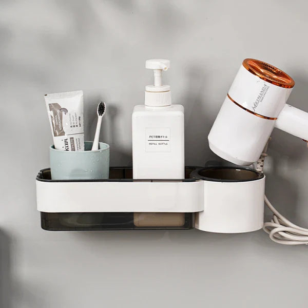 Suport autoadeziv pentru uscatorul de par, pahar pentru articole baie, ABS,  30.5 x 9.6 x 7 , alb