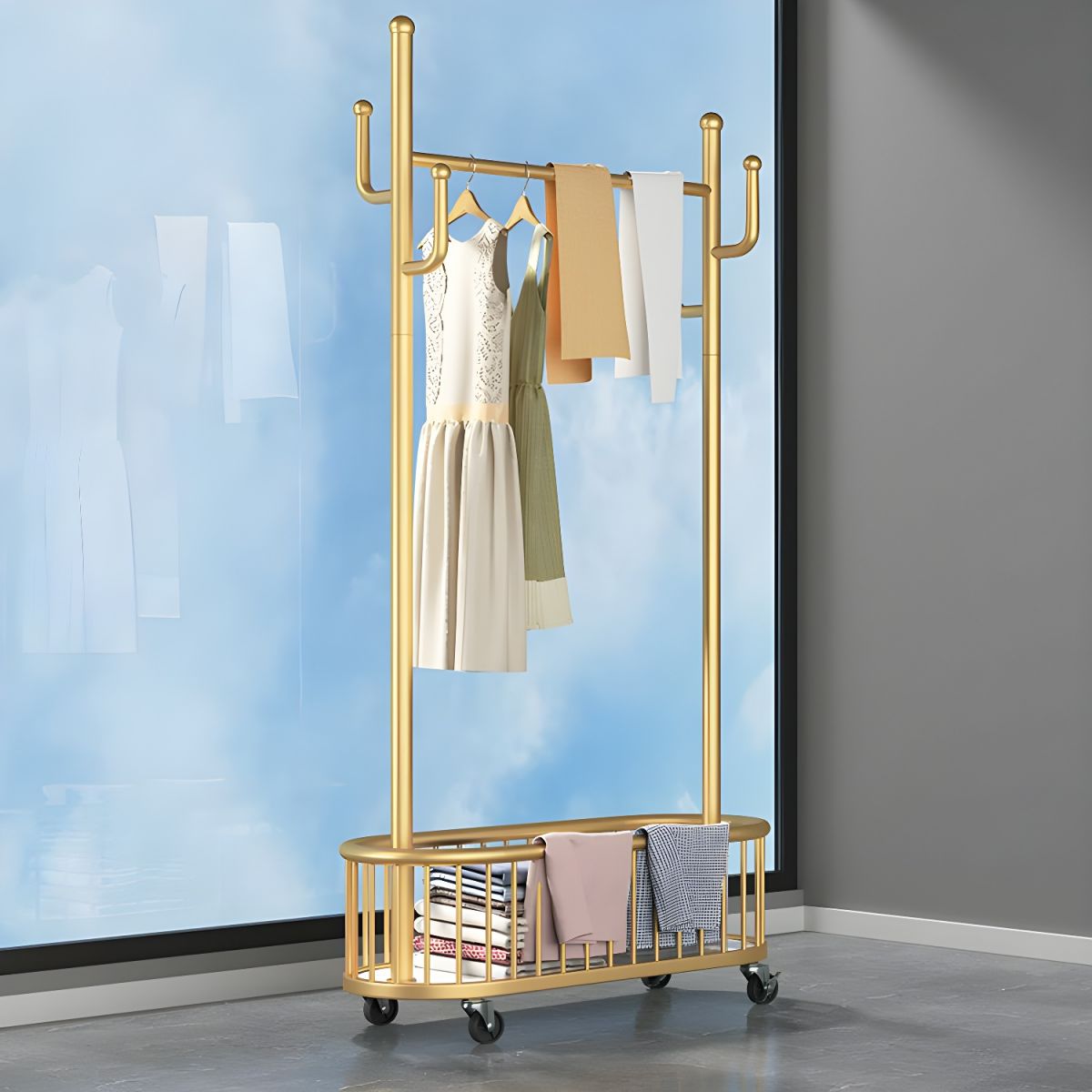 Suport haine metalic cu roti si cos de depozitare, finisaj auriu, 80x32x173 cm