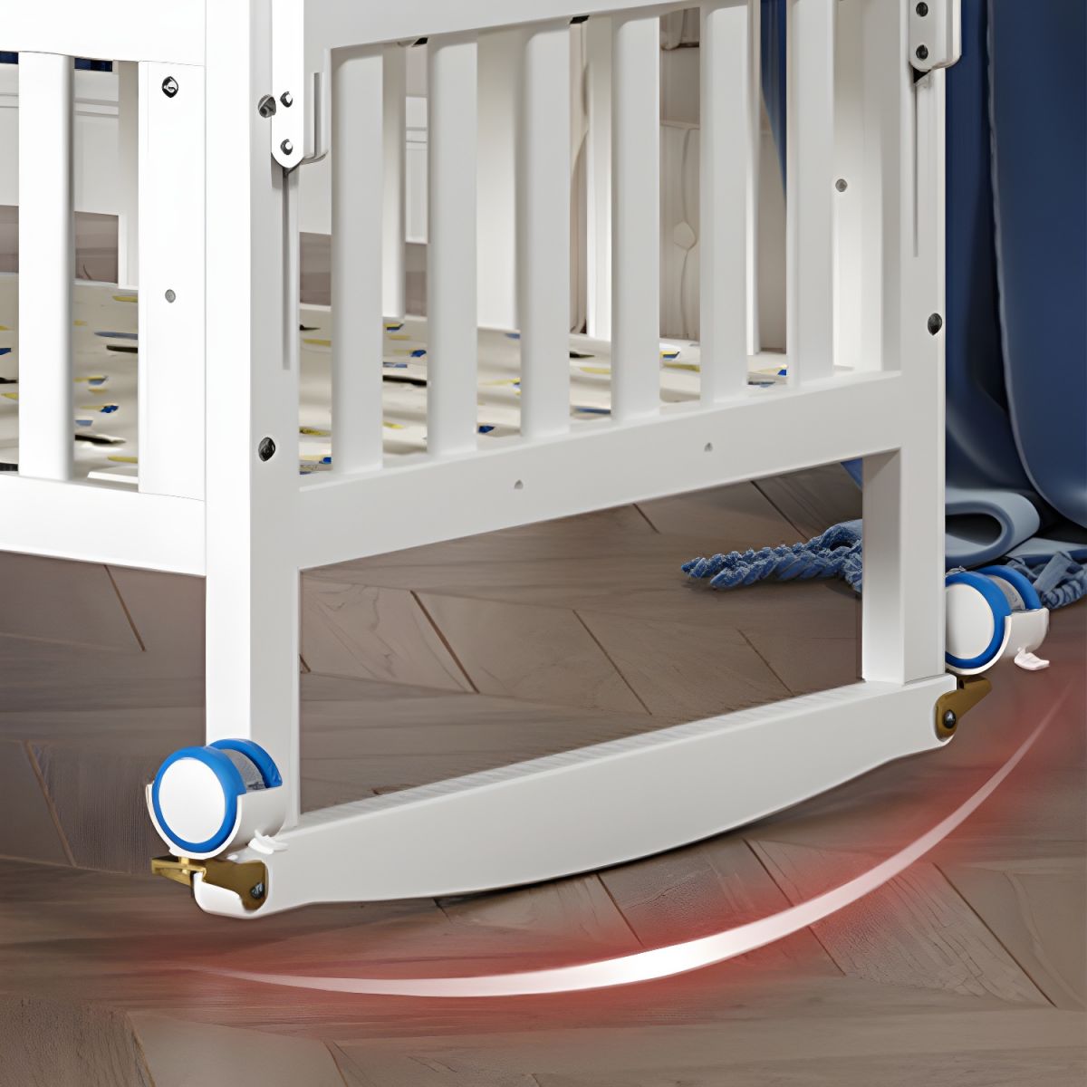 Patut bebelusi din lemn stil scandinav cu roti, laterale de protectie, set 5 piese si baldachin, alb 125 x 70 x 100 cm