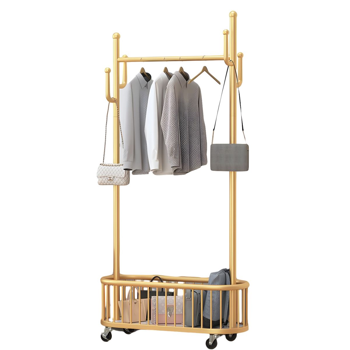Suport haine metalic cu roti si cos de depozitare, finisaj auriu, 80x32x173 cm