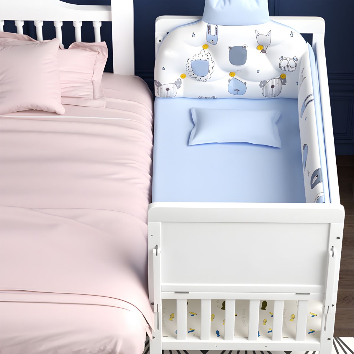 Patut bebelusi din lemn stil scandinav cu roti, laterale de protectie, set 5 piese si baldachin, alb 125 x 70 x 100 cm