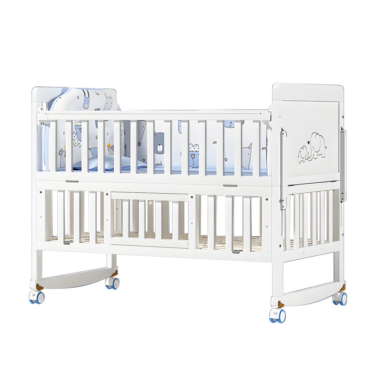 Patut bebelusi din lemn stil scandinav cu roti, laterale de protectie, set 5 piese si baldachin, alb 125 x 70 x 100 cm