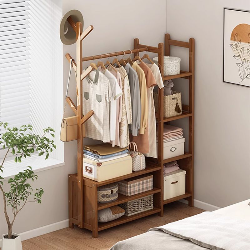 Cuier din bambus cu bară pentru haine și polițe de depozitare – design modern, 140x100x37 cm