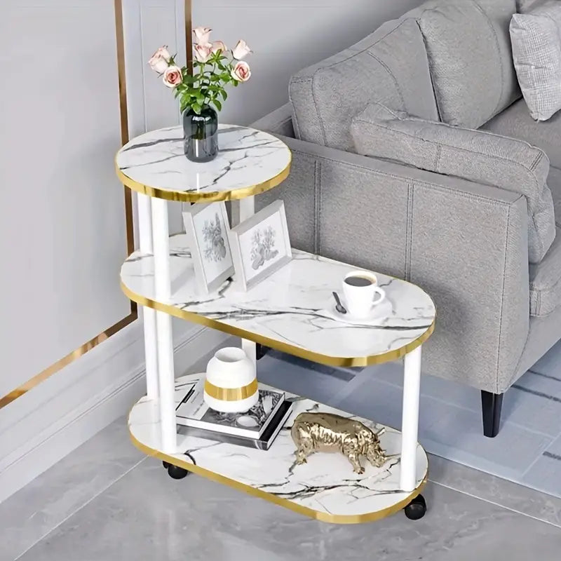 Masuta Laterala 3 Niveluri Alb Auriu 65x30x63 cm Cadru Metalic Rafturi PAL - detaliu produs
