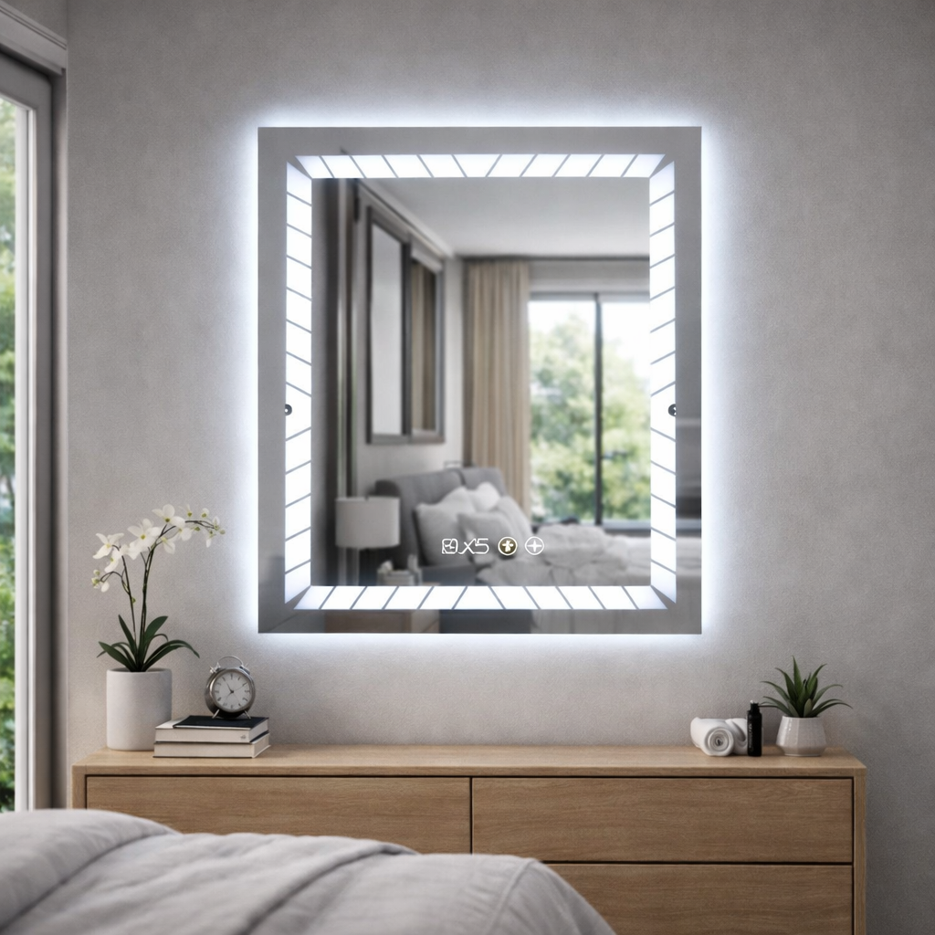 Oglinda LED  cu ceas digital si dezaburire, lumina reglabila touch, 60x80 cm