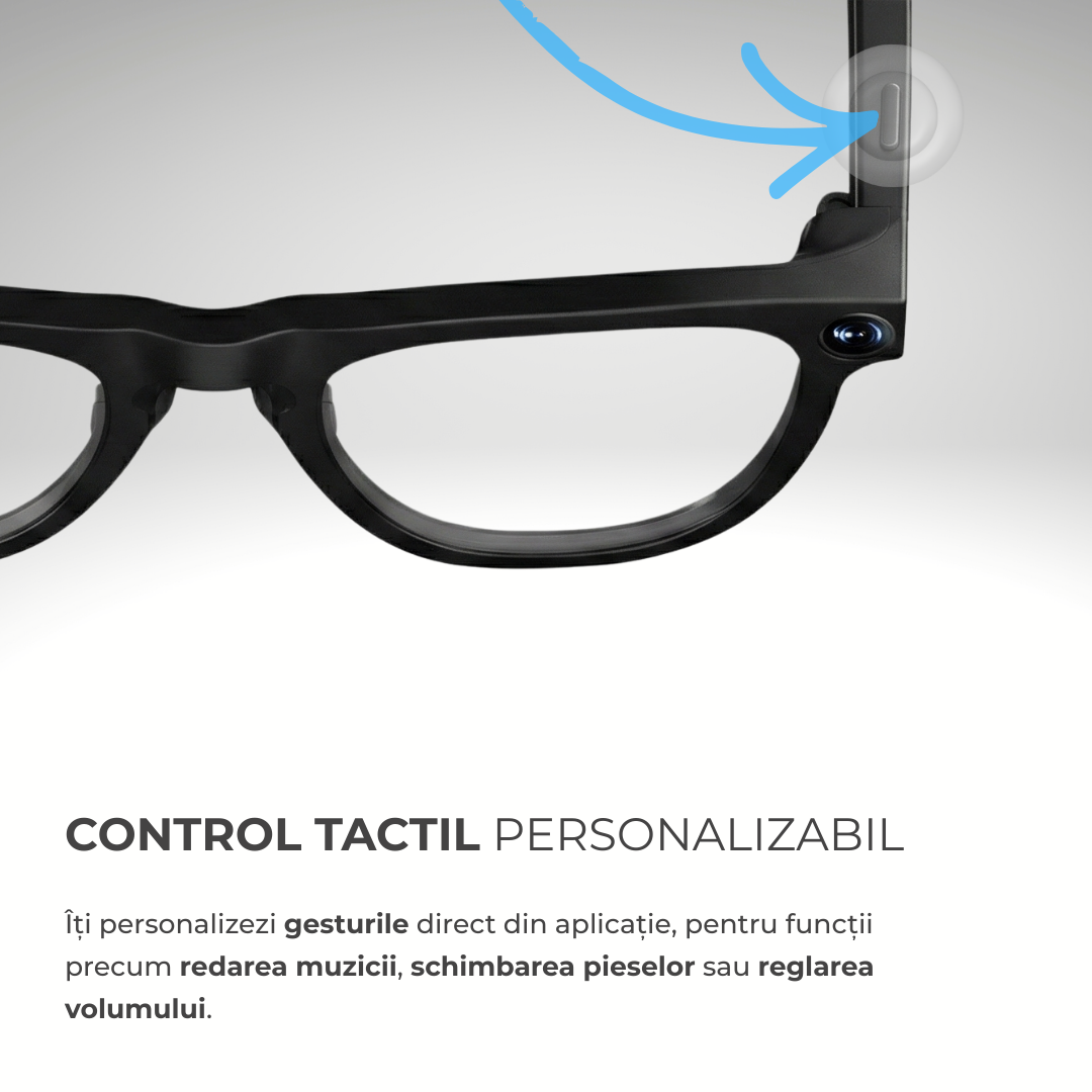Ochelari Smart VIVENDO SMART GLASSES, Camera 1080P Full HD, AI Integrat, Apeluri Bluetooth, Control Tactil, Streaming Muzica, Wi-Fi 2.4G, Microfoane Duale, Negru