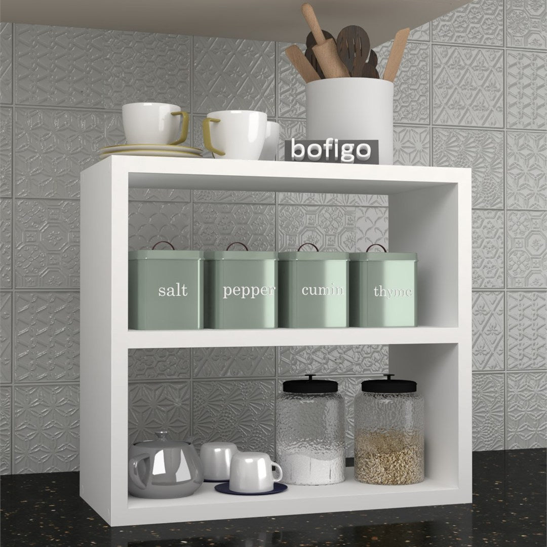 Raft condimente 3 nivele, suport condimente bucatarie cu cadru metalic anti-rugina, organizator pentru sticle si ustensile mici 50 x 30 cm, montaj pe perete sau blat, curatare usoara, stil modern industrial Alb - detaliu 2