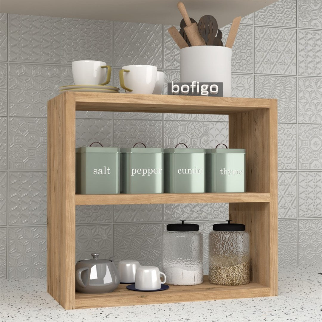 Raft condimente 3 nivele, suport condimente bucatarie cu cadru metalic anti-rugina, organizator pentru sticle si ustensile mici 50 x 30 cm, montaj pe perete sau blat, curatare usoara, stil modern industrial Pin natur - detaliu 2