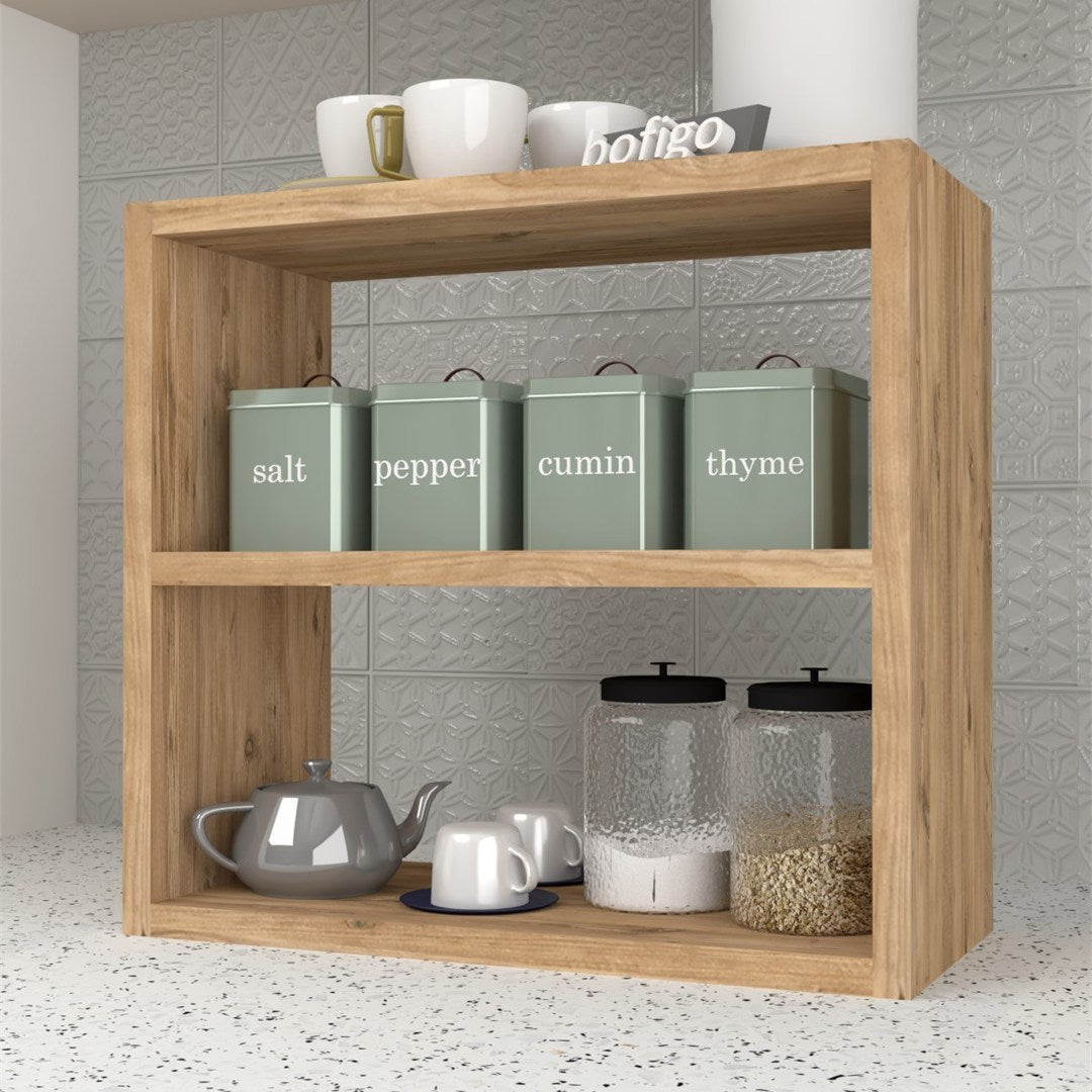 Raft condimente 3 nivele, suport condimente bucatarie cu cadru metalic anti-rugina, organizator pentru sticle si ustensile mici 50 x 30 cm, montaj pe perete sau blat, curatare usoara, stil modern industrial Pin natur - detaliu 3