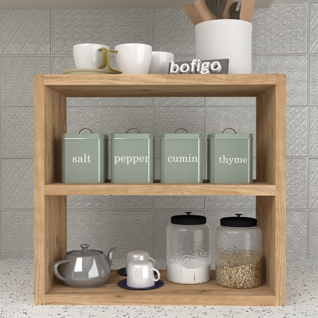 Raft condimente 3 nivele, suport condimente bucatarie cu cadru metalic anti-rugina, organizator pentru sticle si ustensile mici 50 x 30 cm, montaj pe perete sau blat, curatare usoara, stil modern industrial Pin natur - detaliu 4