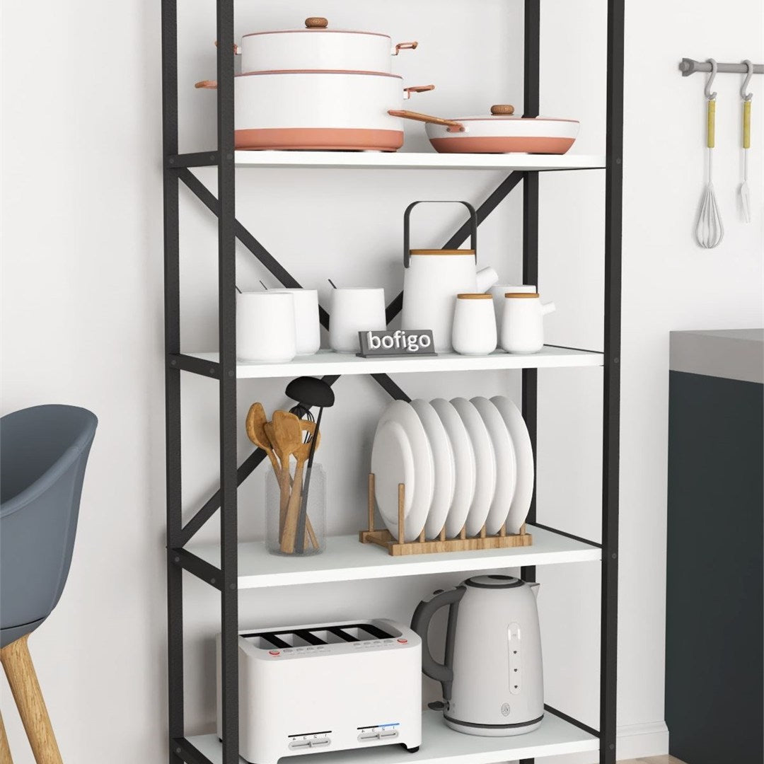 Organizator bucatarie cu 5 rafturi metalice, raft bucatarie 50 x 150 cm pentru oale tocatoare condimente sau microunde, cadru metalic vopsit anti-coroziune, stabilitate maxima, stil industrial modern Alb - vedere principala