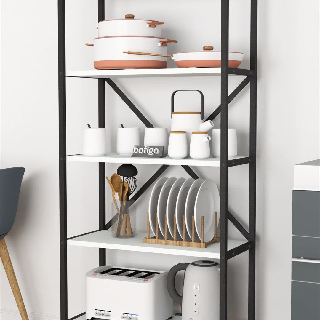 Organizator bucatarie cu 5 rafturi metalice, raft bucatarie 50 x 150 cm pentru oale tocatoare condimente sau microunde, cadru metalic vopsit anti-coroziune, stabilitate maxima, stil industrial modern Alb - detaliu 3