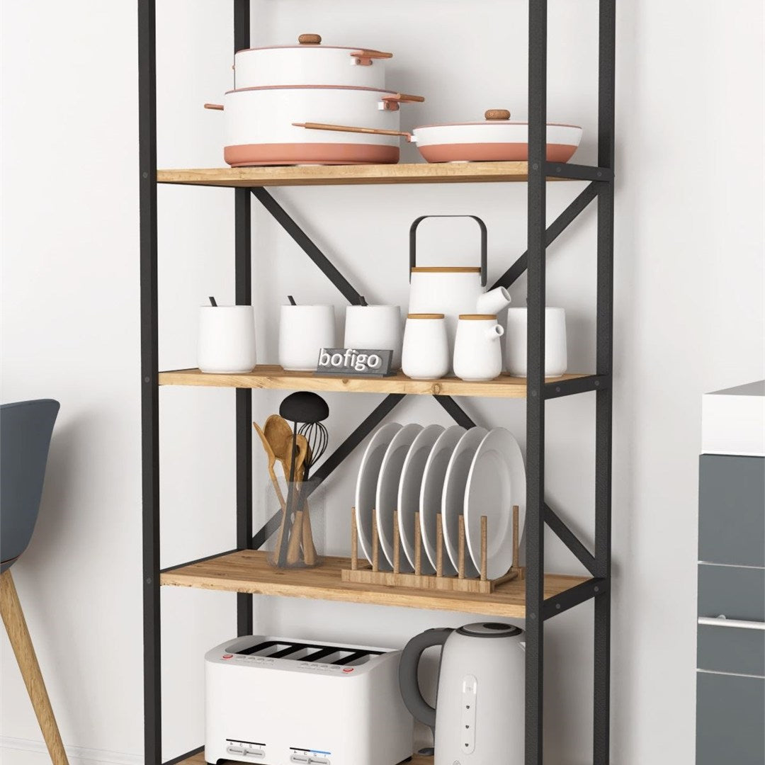 Organizator bucatarie cu 5 rafturi metalice, raft bucatarie 50 x 150 cm pentru oale tocatoare condimente sau microunde, cadru metalic vopsit anti-coroziune, stabilitate maxima, stil industrial modern Pin natur - detaliu 3