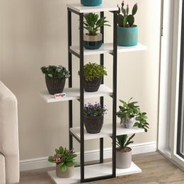 Suport flori Papatya multifunctional, etajera decorativa pentru ghivece si obiecte 40 x 120 cm, cadru metalic negru + rafturi PAL melaminat 18 mm, ideal pentru living balcon sau birou, stil industrial modern