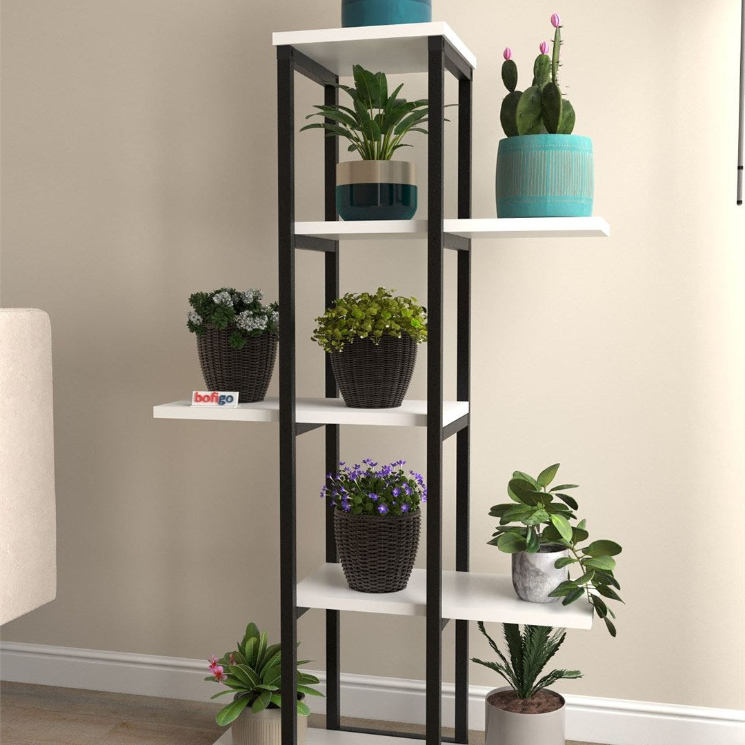 Suport flori Papatya multifunctional, etajera decorativa pentru ghivece si obiecte 40 x 120 cm, cadru metalic negru + rafturi PAL melaminat 18 mm, ideal pentru living balcon sau birou, stil industrial modern Alb - detaliu 3