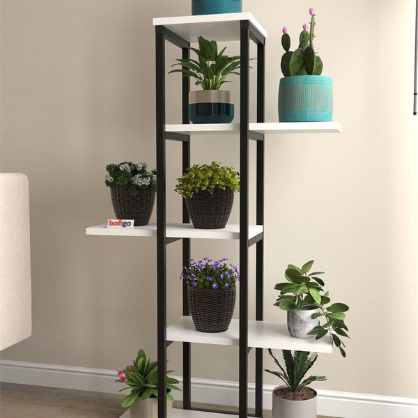 Suport flori Papatya multifunctional, etajera decorativa pentru ghivece si obiecte 40 x 120 cm, cadru metalic negru + rafturi PAL melaminat 18 mm, ideal pentru living balcon sau birou, stil industrial modern Alb - vedere principala
