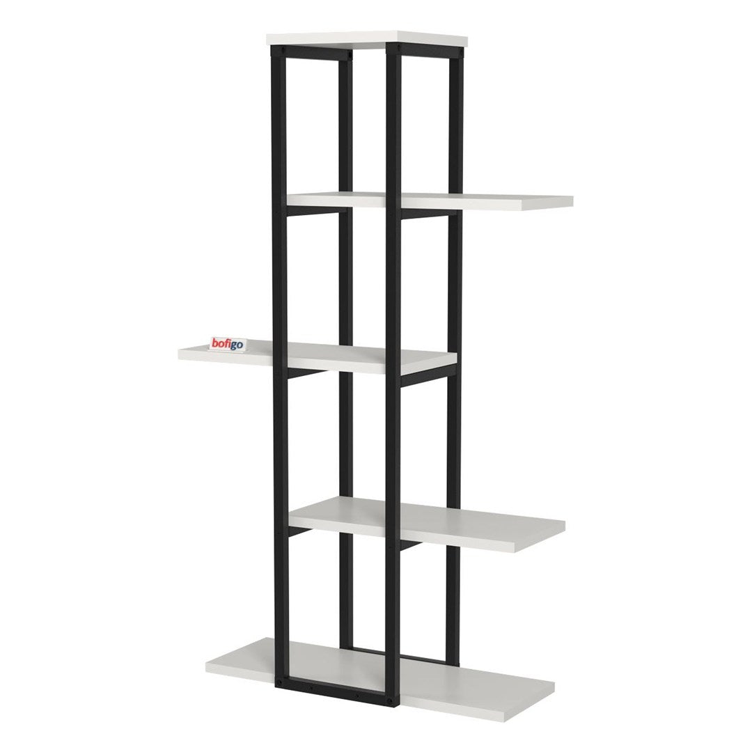 Suport flori Papatya multifunctional, etajera decorativa pentru ghivece si obiecte 40 x 120 cm, cadru metalic negru + rafturi PAL melaminat 18 mm, ideal pentru living balcon sau birou, stil industrial modern Alb - detaliu 6