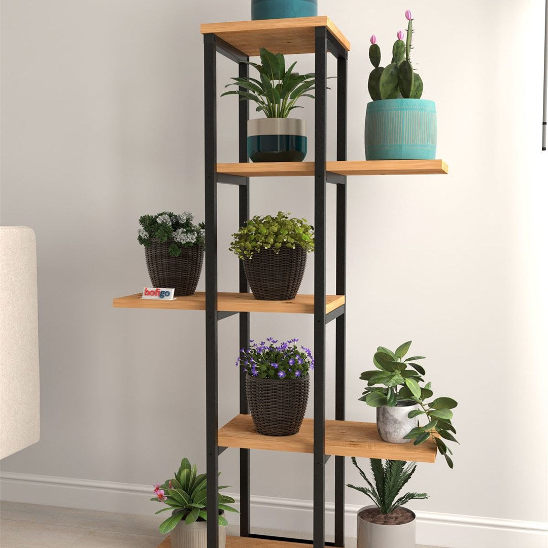 Suport flori Papatya multifunctional, etajera decorativa pentru ghivece si obiecte 40 x 120 cm, cadru metalic negru + rafturi PAL melaminat 18 mm, ideal pentru living balcon sau birou, stil industrial modern Pin natur - detaliu 2