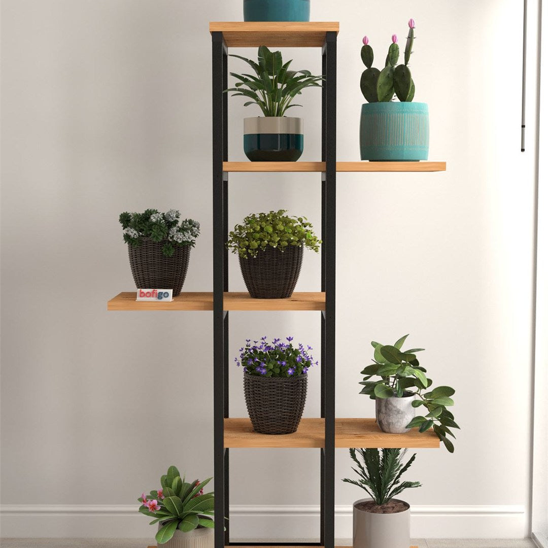 Suport flori Papatya multifunctional, etajera decorativa pentru ghivece si obiecte 40 x 120 cm, cadru metalic negru + rafturi PAL melaminat 18 mm, ideal pentru living balcon sau birou, stil industrial modern Pin natur - detaliu 3