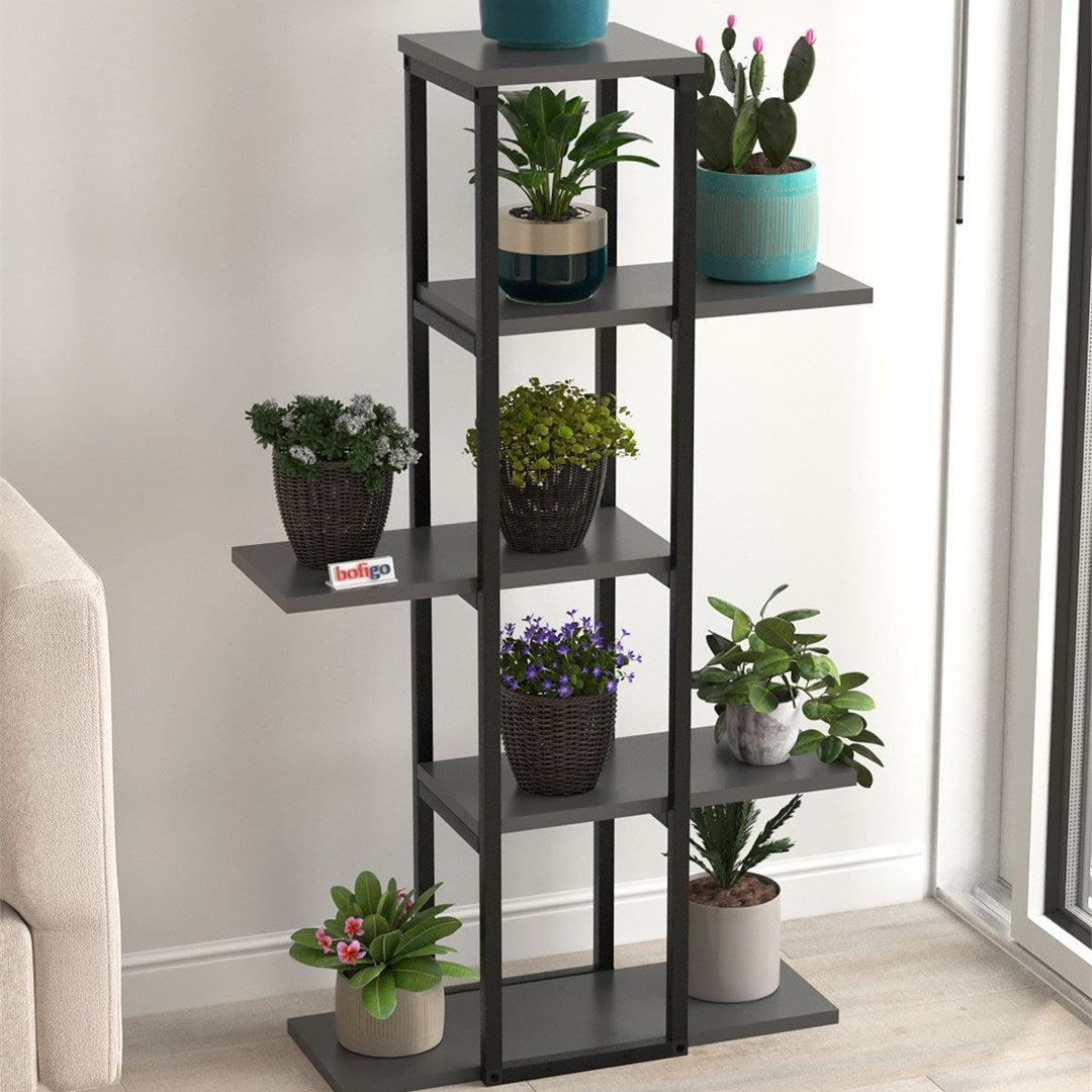Suport flori Papatya multifunctional, etajera decorativa pentru ghivece si obiecte 40 x 120 cm, cadru metalic negru + rafturi PAL melaminat 18 mm, ideal pentru living balcon sau birou, stil industrial modern Pin natur - detaliu 8