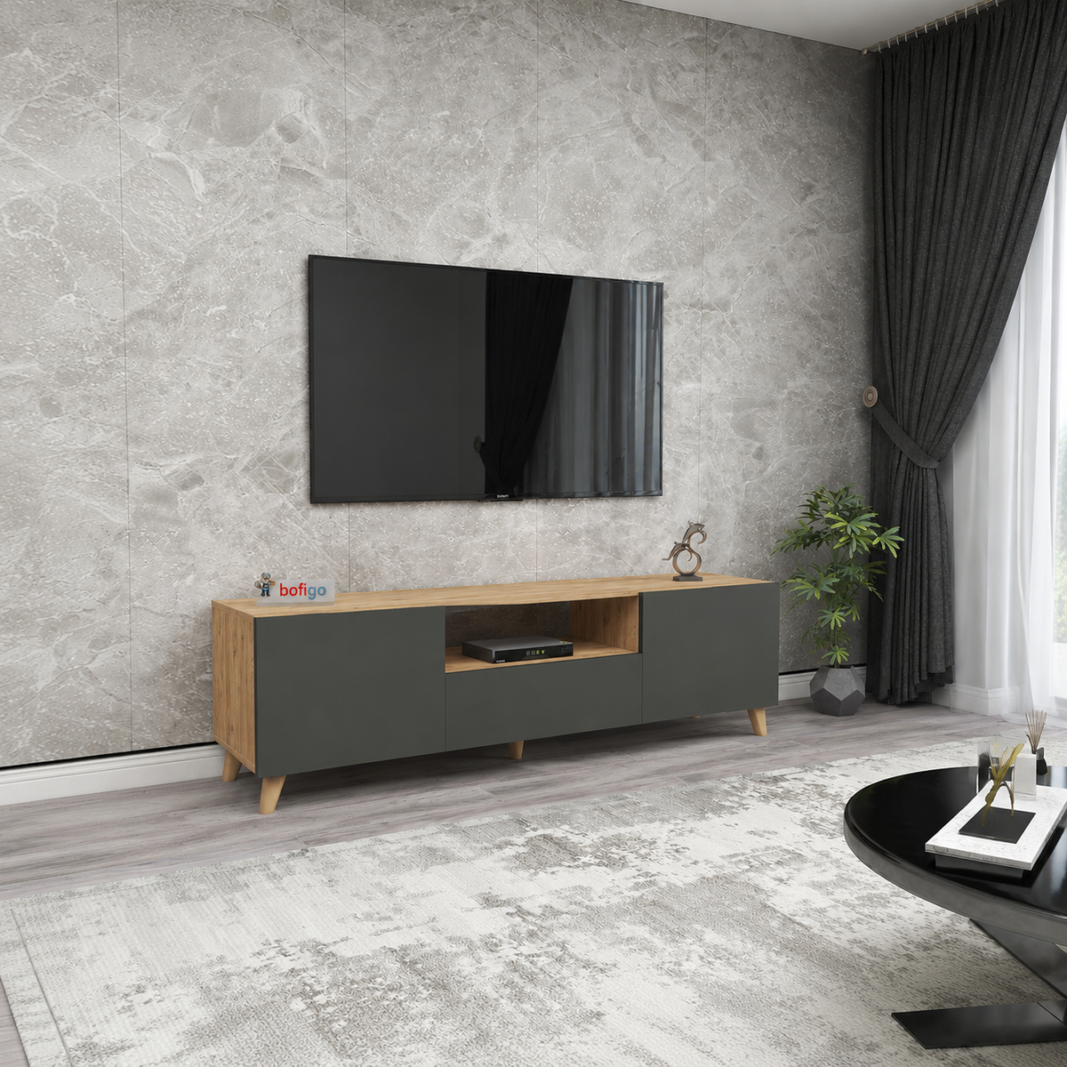 Comoda TV living 60 x 31,8 x 44,8 cm cm,  2 usi rabatabile soft-close, PAL melaminat 18 mm clasa E1, stil scandinav