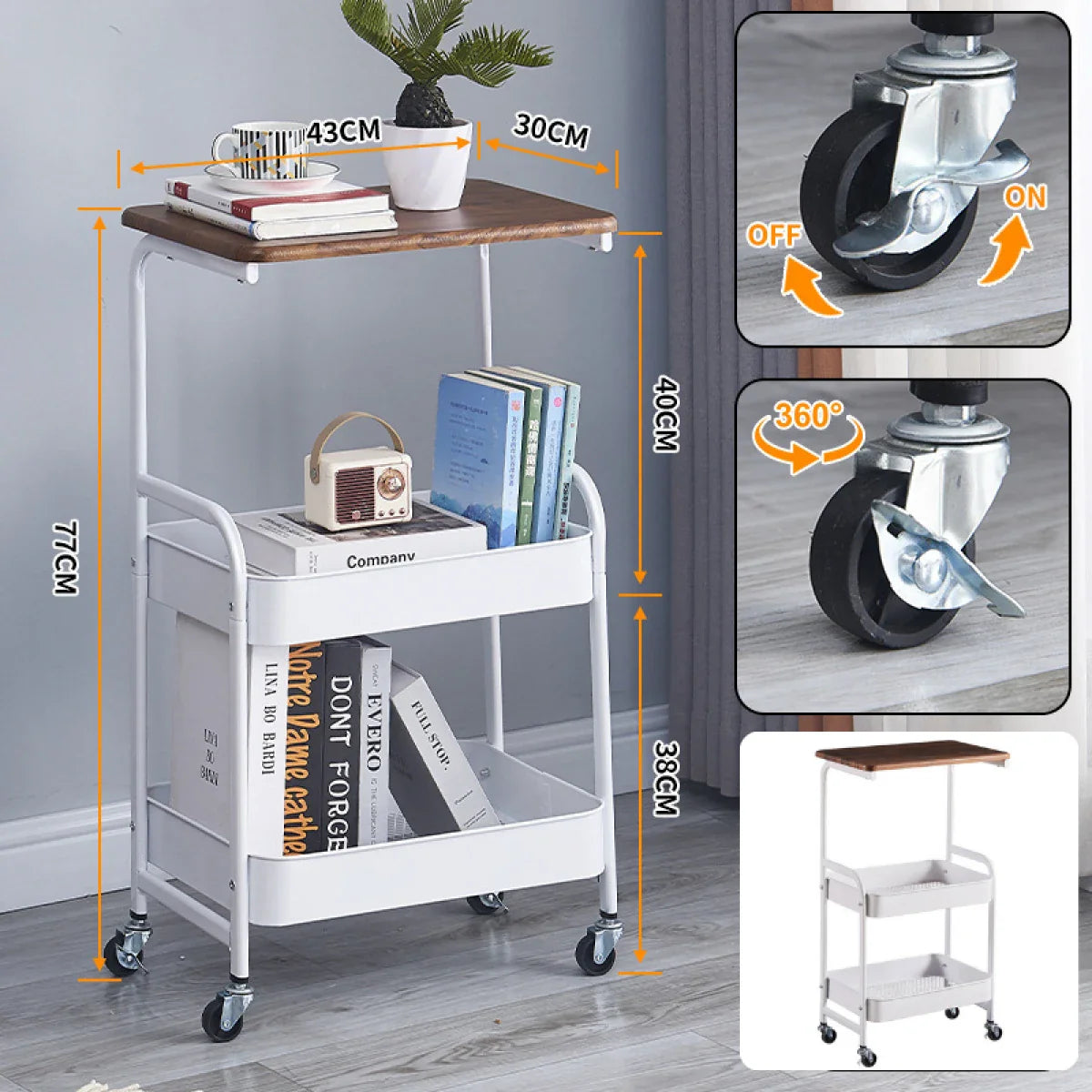 Masuta portabila pentru cafea, otel carbon, 2 polite si cu o masa de lucru, 79 x 43 x 30 cm
