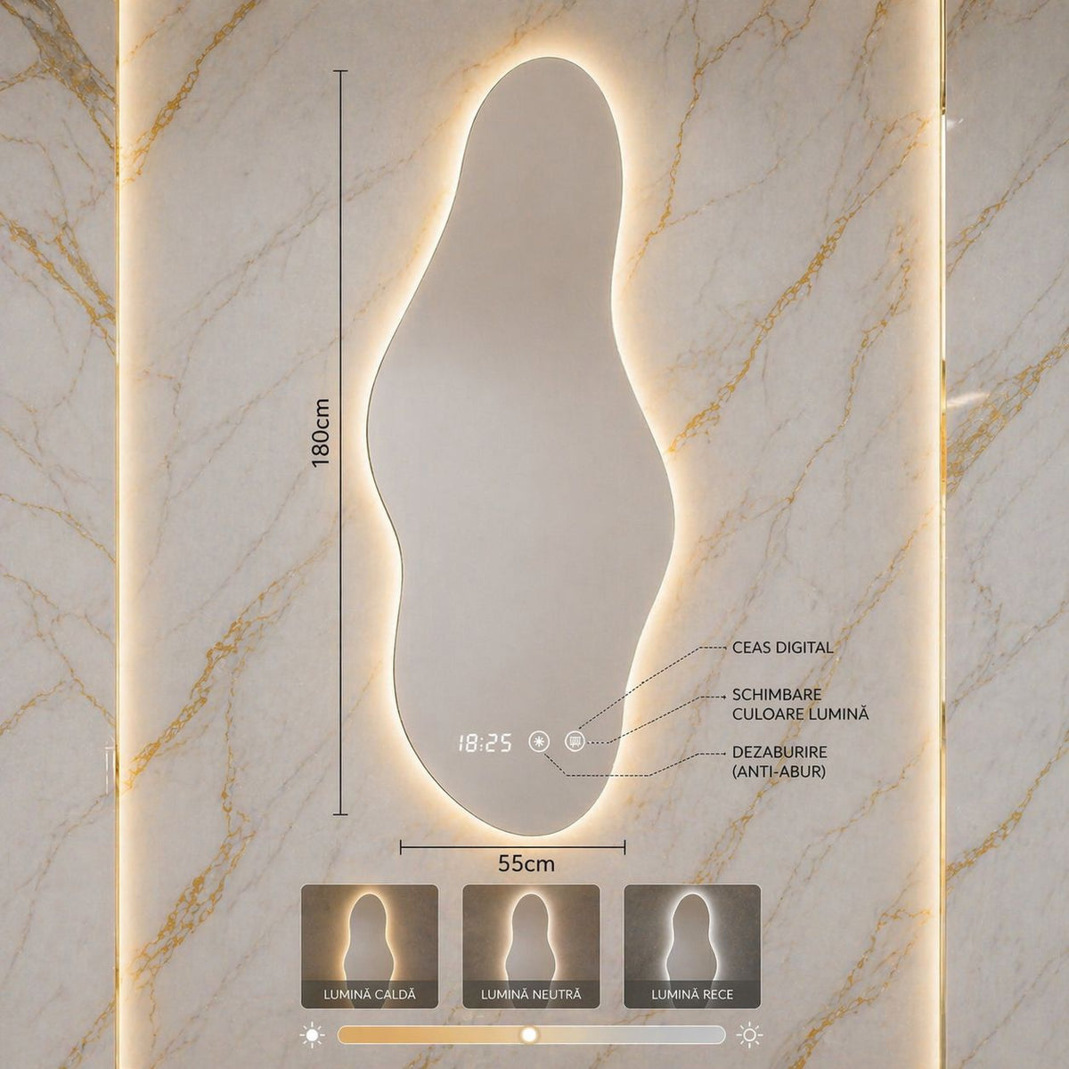 Oglinda LED forma asimetrica 55x180 cm iluminare 3 culori touch ceas digital