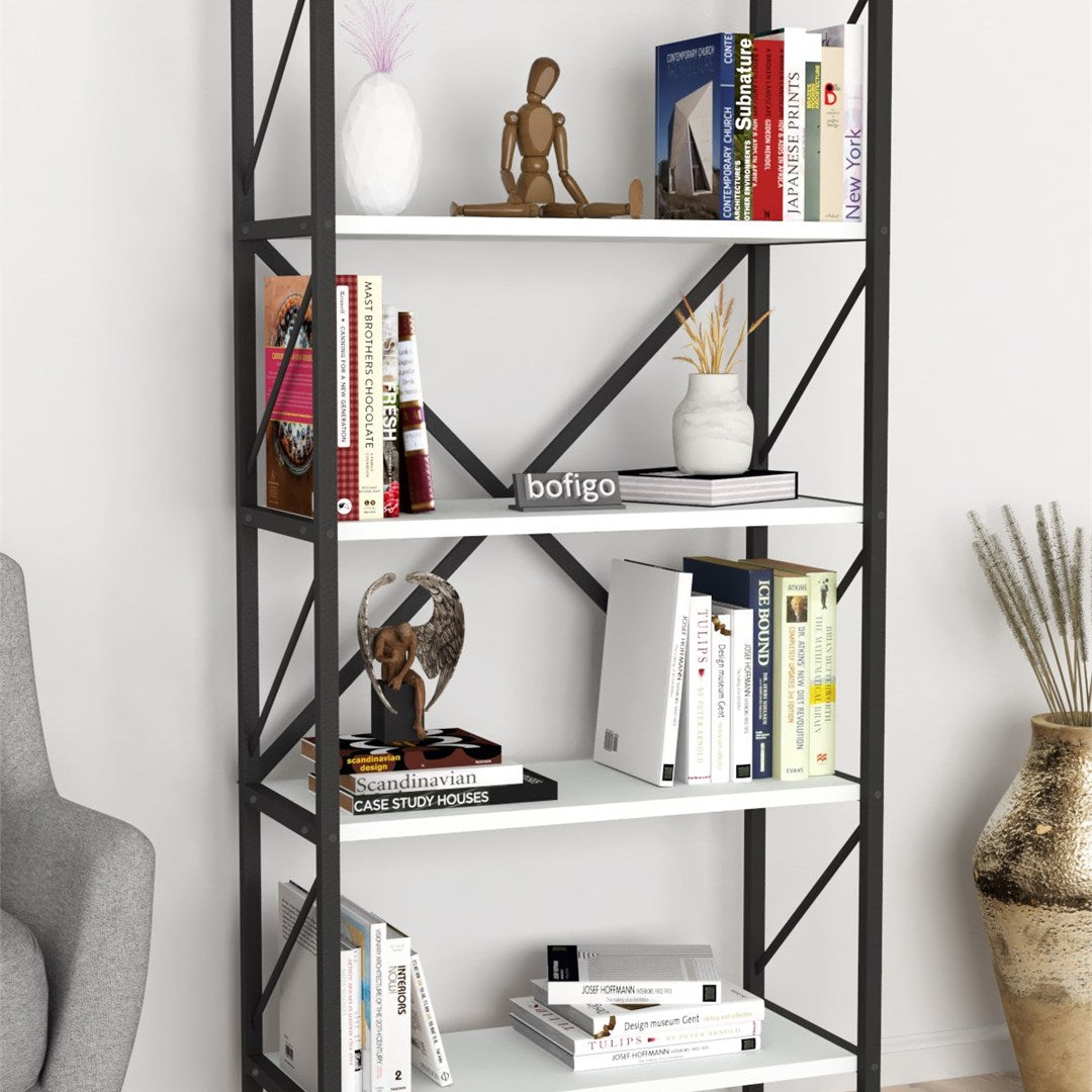 Biblioteca decorativa cu 5 rafturi, etajera metal si PAL, raft carti living sau birou 60 x 160 cm, cadru metalic stil industrial, polite PAL melaminat 18 mm clasa E1, montaj simplu, stil modern loft Alb - detaliu 3