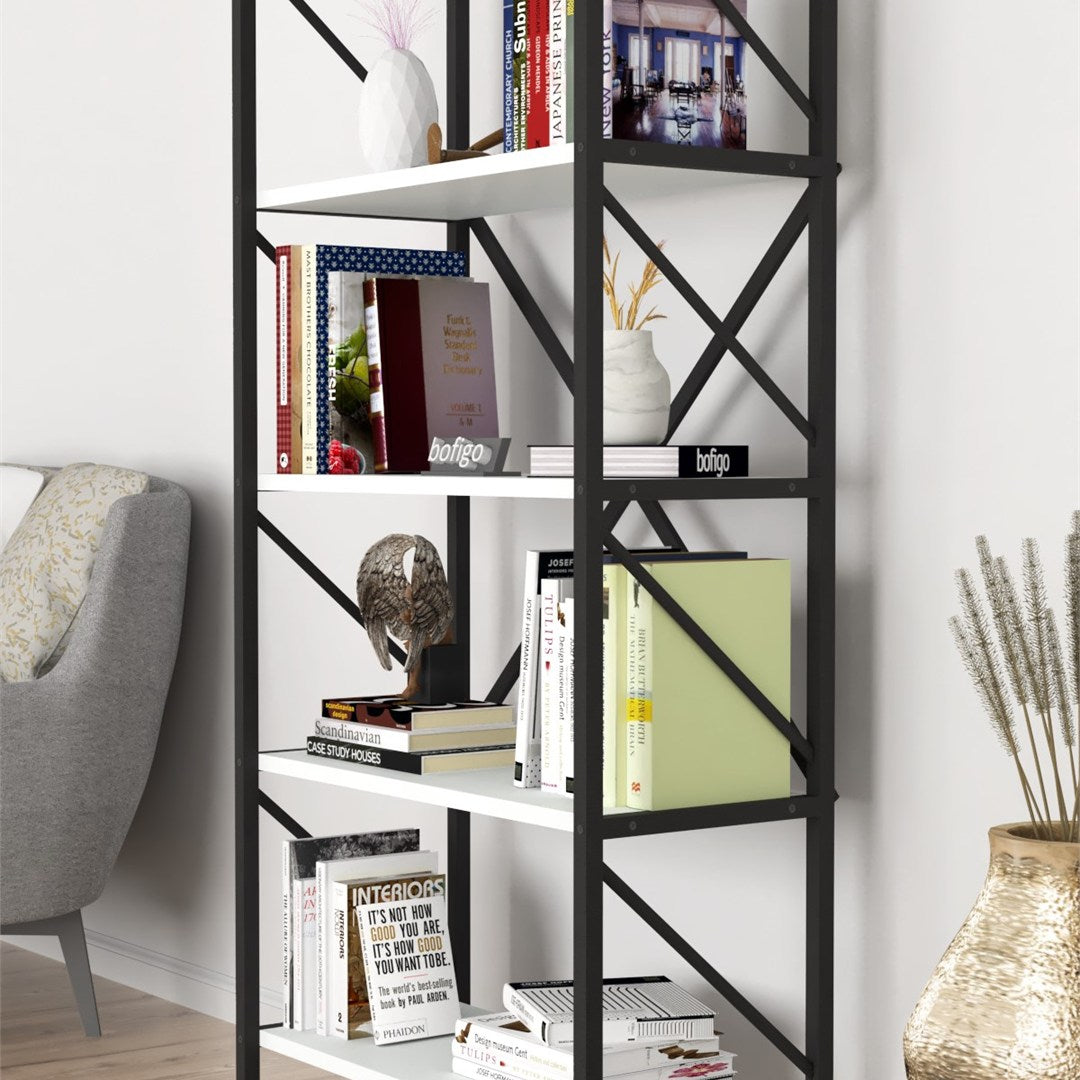 Biblioteca decorativa cu 5 rafturi, etajera metal si PAL, raft carti living sau birou 60 x 160 cm, cadru metalic stil industrial, polite PAL melaminat 18 mm clasa E1, montaj simplu, stil modern loft Alb - detaliu 4