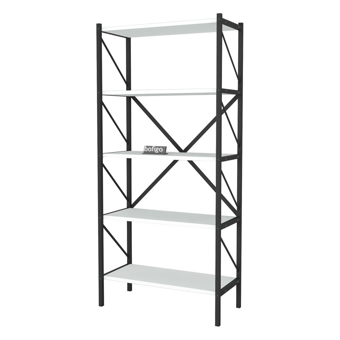 Biblioteca decorativa cu 5 rafturi, etajera metal si PAL, raft carti living sau birou 60 x 160 cm, cadru metalic stil industrial, polite PAL melaminat 18 mm clasa E1, montaj simplu, stil modern loft Alb - detaliu 5
