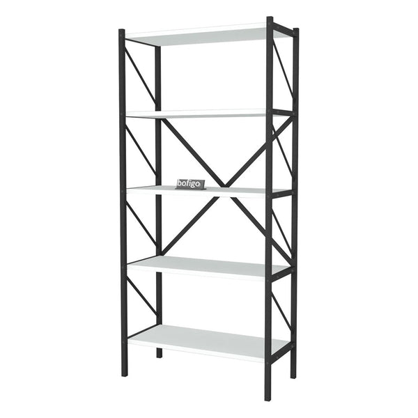 Biblioteca decorativa cu 5 rafturi, etajera metal si PAL, raft carti living sau birou 60 x 160 cm, cadru metalic stil industrial, polite PAL melaminat 18 mm clasa E1, montaj simplu, stil modern loft Alb - detaliu 5
