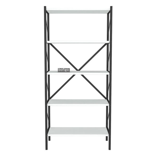 Biblioteca decorativa cu 5 rafturi, etajera metal si PAL, raft carti living sau birou 60 x 160 cm, cadru metalic stil industrial, polite PAL melaminat 18 mm clasa E1, montaj simplu, stil modern loft Alb - detaliu 5