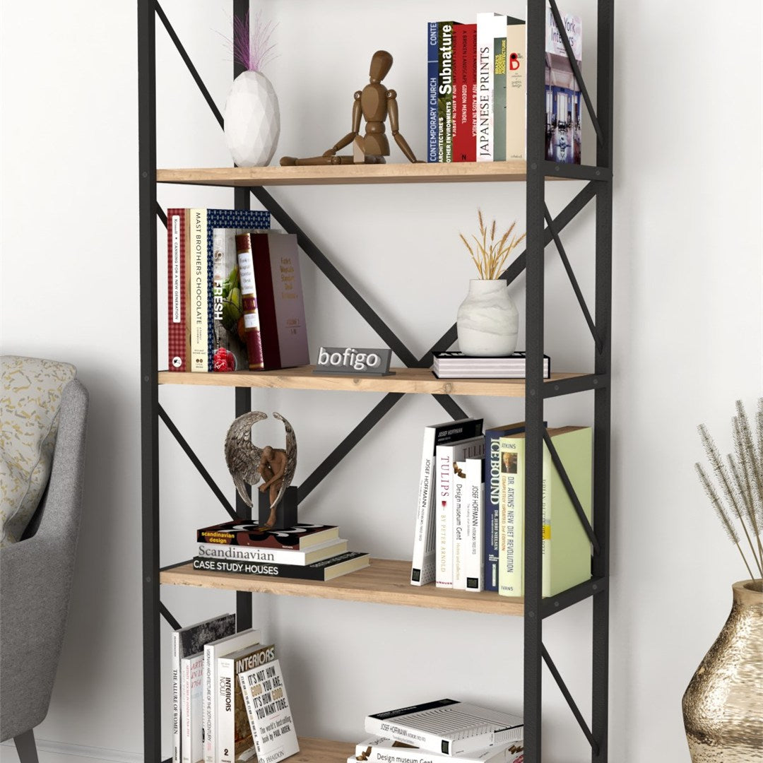 Biblioteca decorativa cu 5 rafturi, etajera metal si PAL, raft carti living sau birou 60 x 160 cm, cadru metalic stil industrial, polite PAL melaminat 18 mm clasa E1, montaj simplu, stil modern loft Alb - detaliu 8