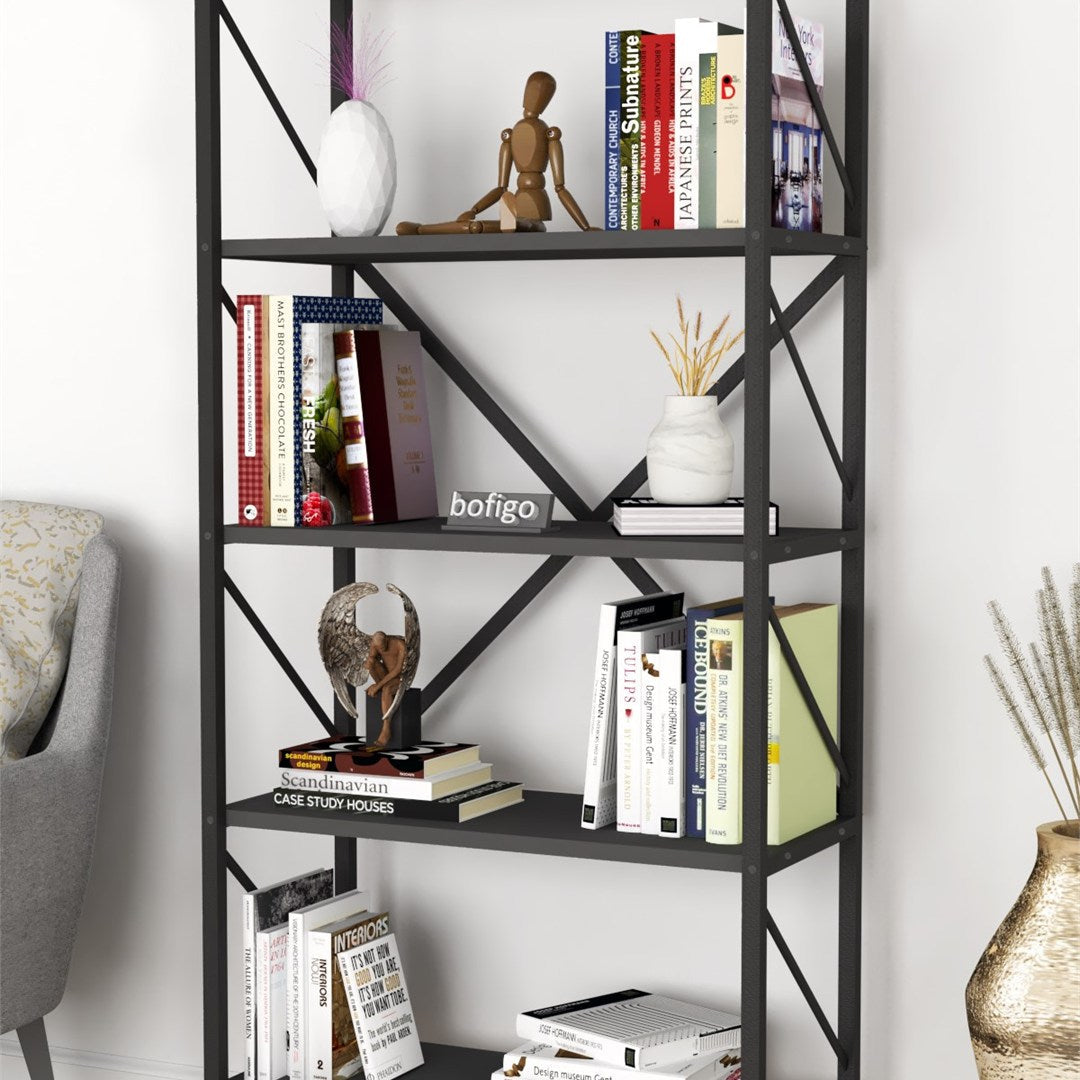 Biblioteca decorativa cu 5 rafturi, etajera metal si PAL, raft carti living sau birou 60 x 160 cm, cadru metalic stil industrial, polite PAL melaminat 18 mm clasa E1, montaj simplu, stil modern loft Alb - detaliu 9