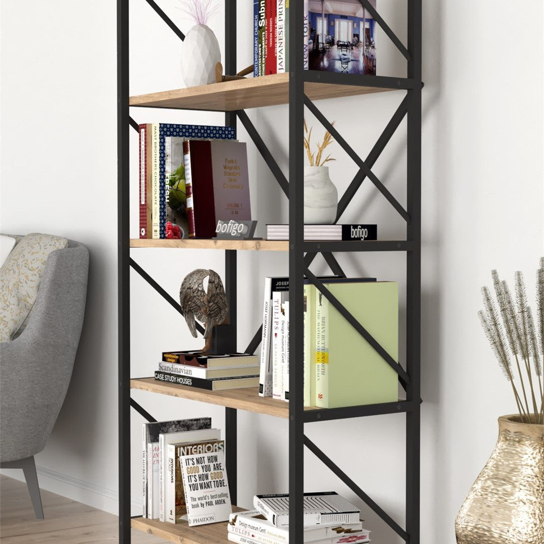 Biblioteca decorativa cu 5 rafturi, etajera metal si PAL, raft carti living sau birou 60 x 160 cm, cadru metalic stil industrial, polite PAL melaminat 18 mm clasa E1, montaj simplu, stil modern loft Pin natur - detaliu 4