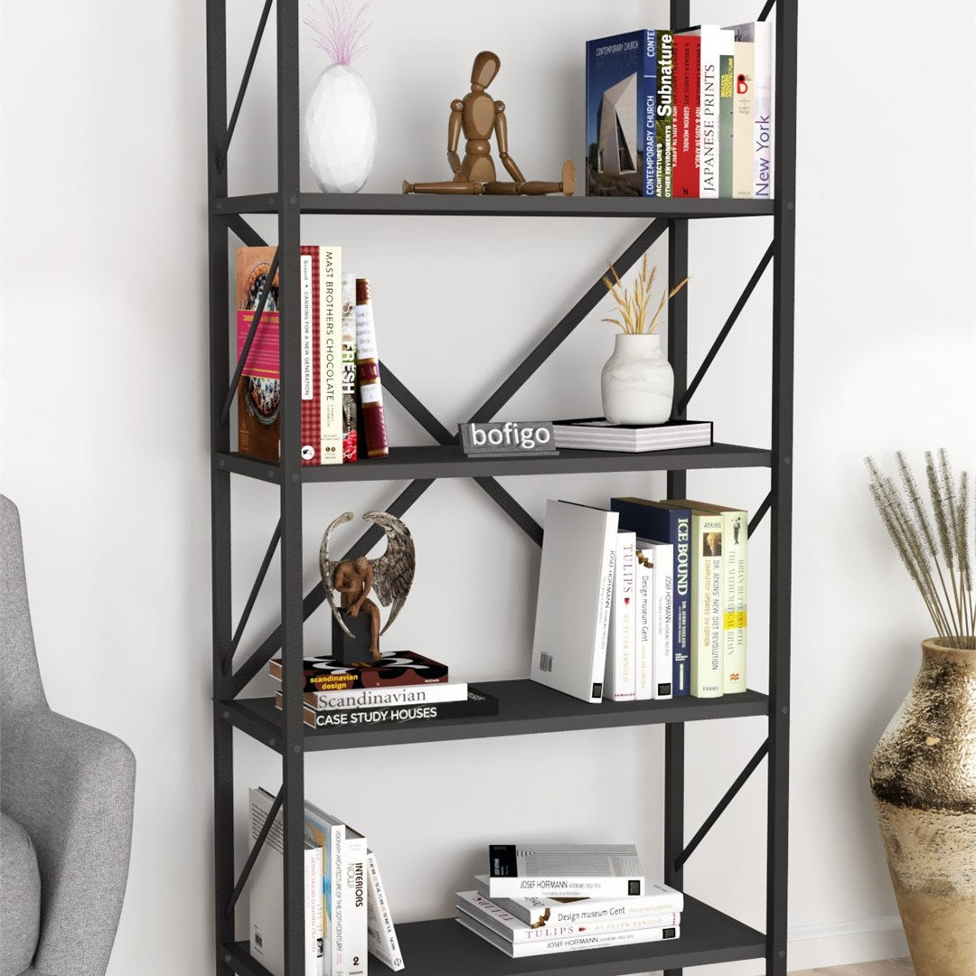 Biblioteca decorativa cu 5 rafturi, etajera metal si PAL, raft carti living sau birou 60 x 160 cm, cadru metalic stil industrial, polite PAL melaminat 18 mm clasa E1, montaj simplu, stil modern loft Antracit - detaliu 3