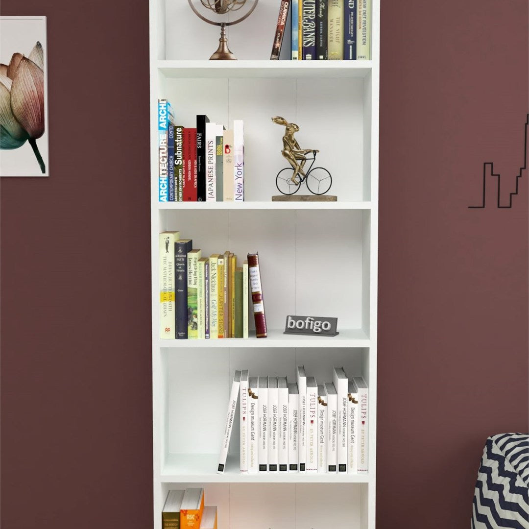 Biblioteca decorativa cu 5 rafturi din PAL, etajera carti 60 x 160 cm, structura integrala PAL melaminat 18 mm clasa E1, montaj rapid cu suruburi pre-gaurite, pentru birou living sau dormitor, stil clasic modern Alb - detaliu 3