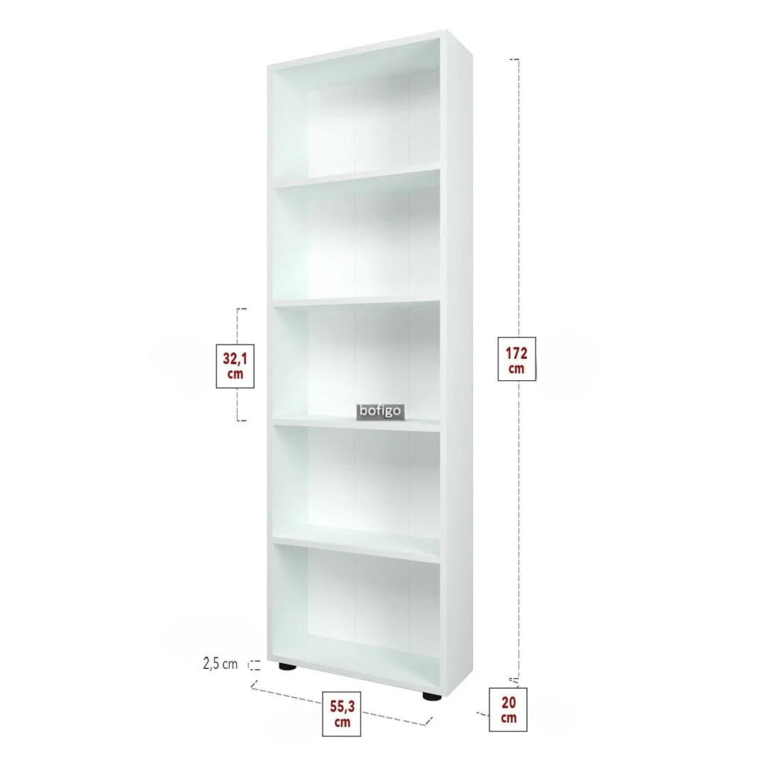 Biblioteca Decorativa cu 5 Rafturi, Design Inalt si Ingust, PAL E1, 55.3 x 20 x 172 cm