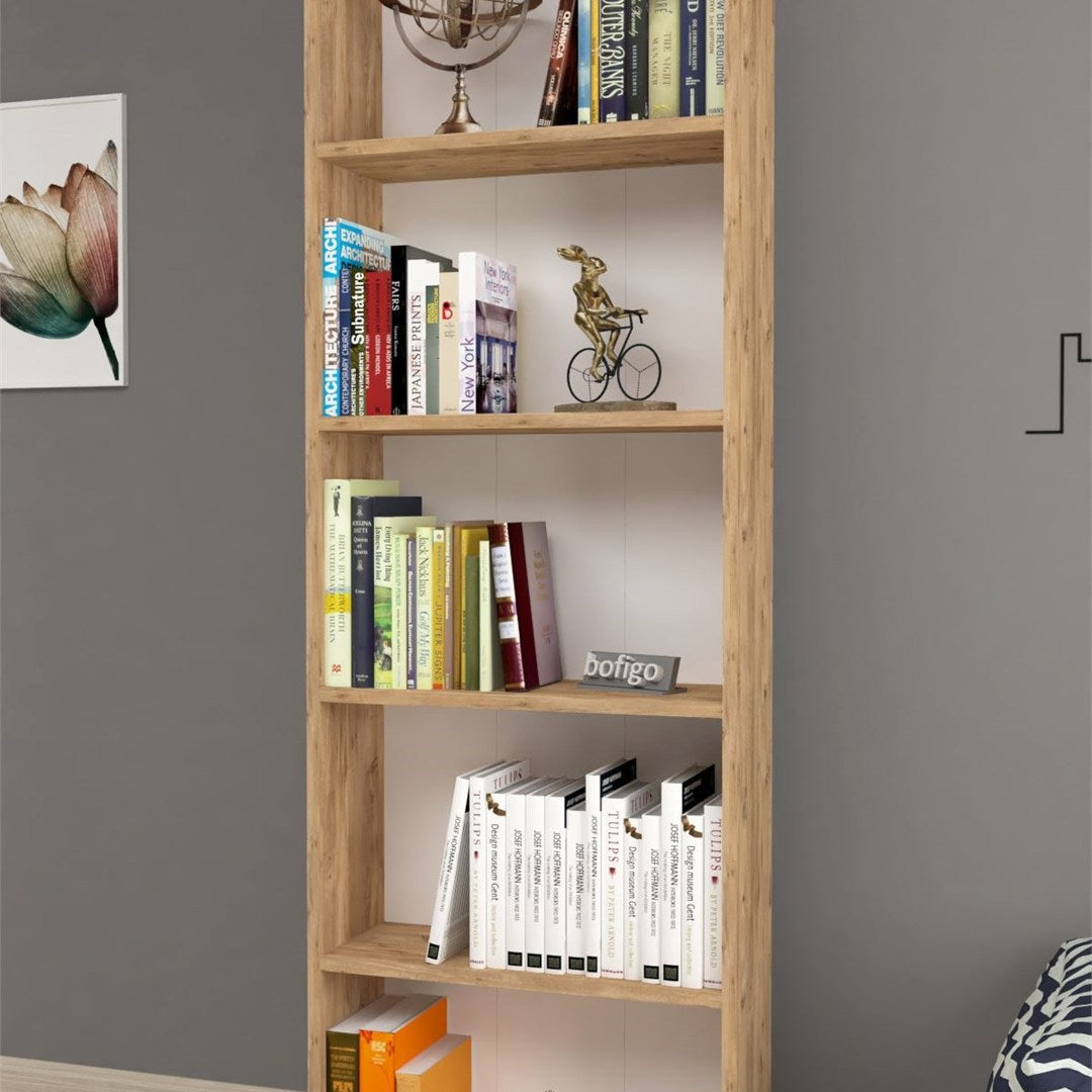 Biblioteca decorativa cu 5 rafturi din PAL, etajera carti 60 x 160 cm, structura integrala PAL melaminat 18 mm clasa E1, montaj rapid cu suruburi pre-gaurite, pentru birou living sau dormitor, stil clasic modern Pin natur - detaliu 2