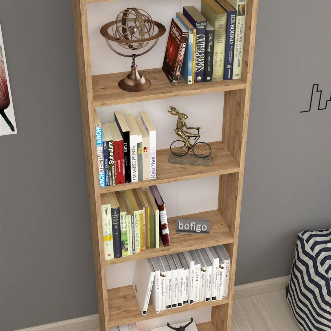 Biblioteca decorativa cu 5 rafturi din PAL, etajera carti 60 x 160 cm, structura integrala PAL melaminat 18 mm clasa E1, montaj rapid cu suruburi pre-gaurite, pentru birou living sau dormitor, stil clasic modern Pin natur - detaliu 4