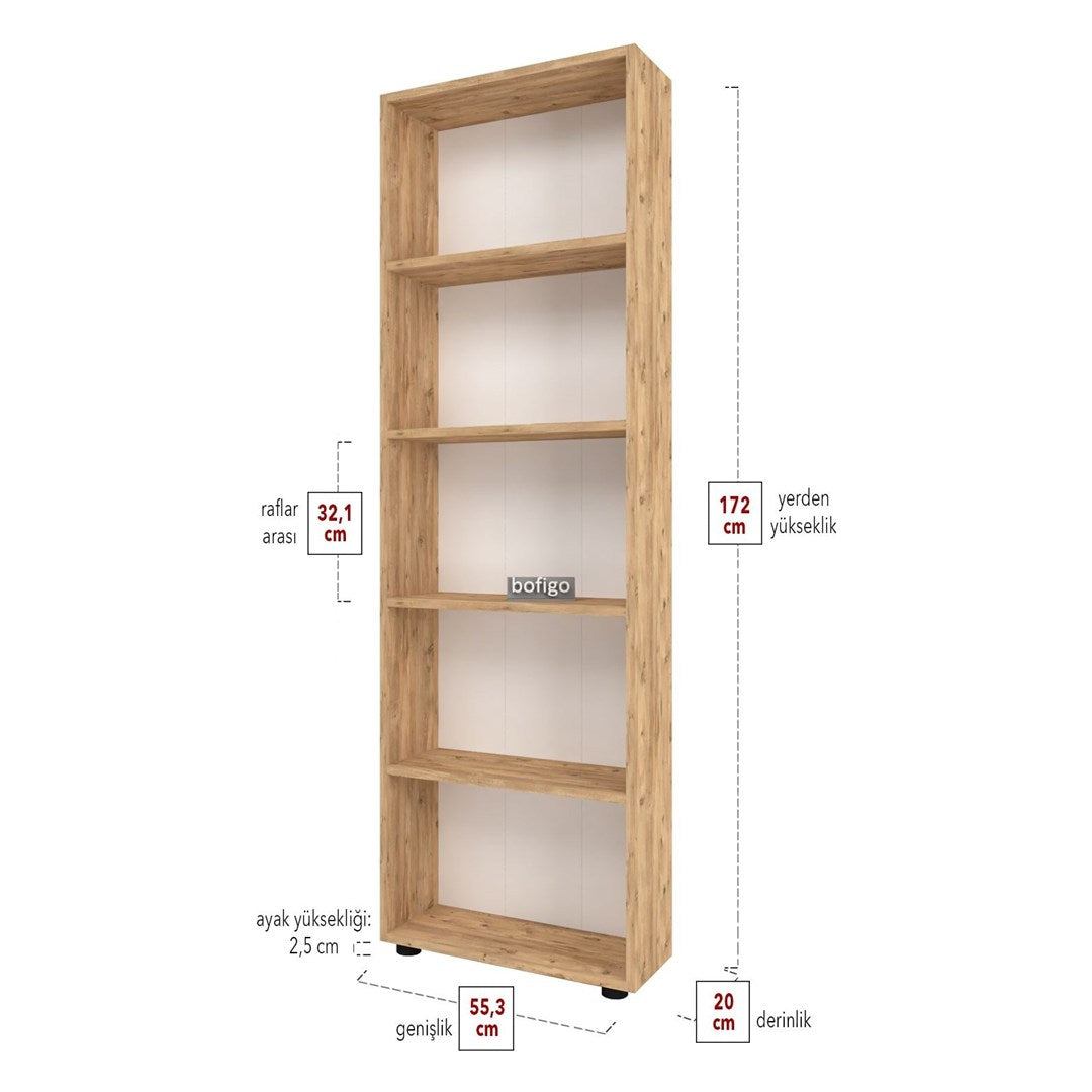 Biblioteca decorativa cu 5 rafturi din PAL, etajera carti 60 x 160 cm, structura integrala PAL melaminat 18 mm clasa E1, montaj rapid cu suruburi pre-gaurite, pentru birou living sau dormitor, stil clasic modern Pin natur - detaliu 5