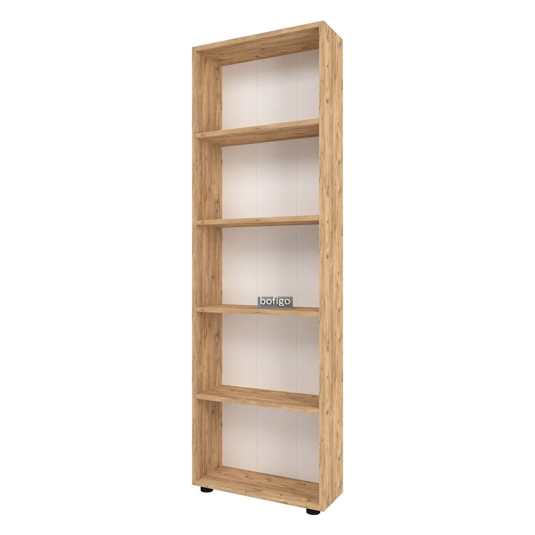 Biblioteca decorativa cu 5 rafturi din PAL, etajera carti 60 x 160 cm, structura integrala PAL melaminat 18 mm clasa E1, montaj rapid cu suruburi pre-gaurite, pentru birou living sau dormitor, stil clasic modern Pin natur - detaliu 6
