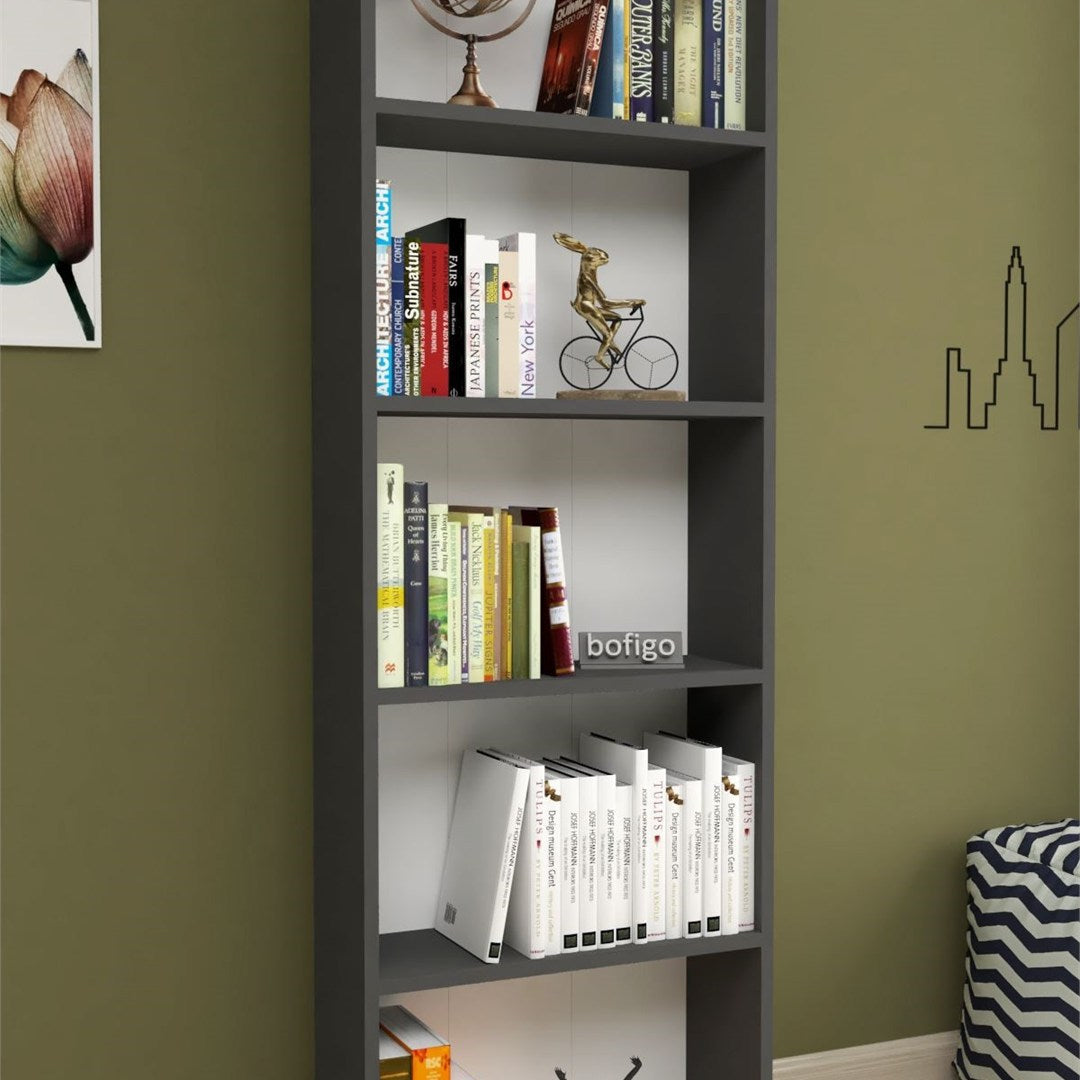 Biblioteca decorativa cu 5 rafturi din PAL, etajera carti 60 x 160 cm, structura integrala PAL melaminat 18 mm clasa E1, montaj rapid cu suruburi pre-gaurite, pentru birou living sau dormitor, stil clasic modern Antracit - vedere principala
